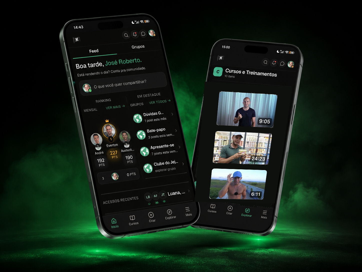 App Selva Club em dois celulares mostrando o feed da comunidade e os cursos